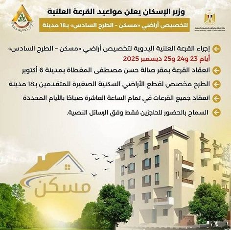 وزارة الإسكان تعلن قرعة مسكن الطرح السادس لتخصيص قطع الأراضي السكنية في 18 مدينة جديدة