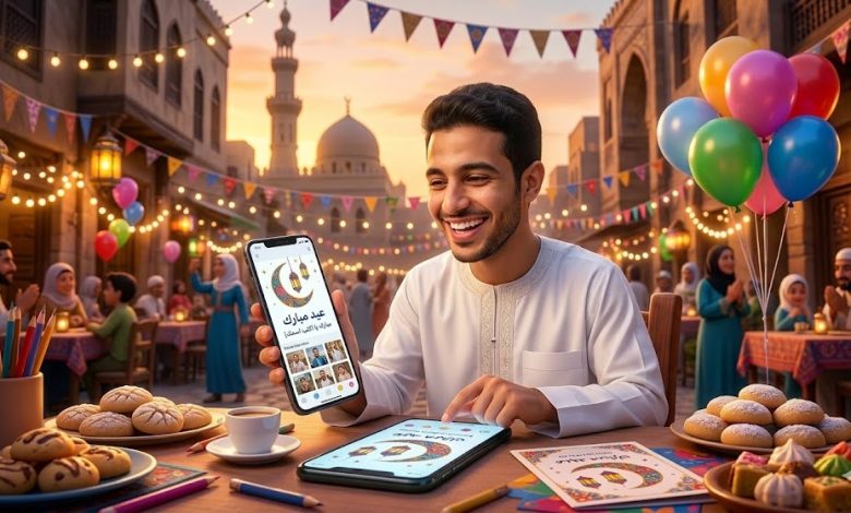 موقع تصميم تهنئة العيد بالاسم والصورة 2026 - صمم كارتك مجاناً