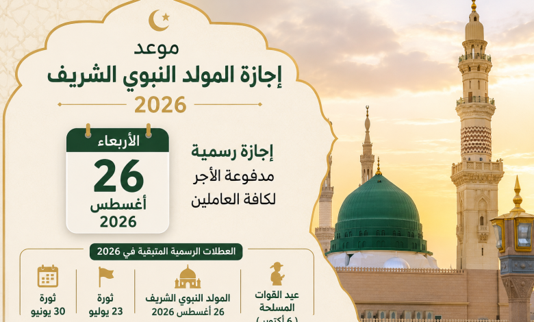 موعد إجازة المولد النبوي الشريف 2026 في مصر.. مفاجأة بشأن العطلات المتبقية