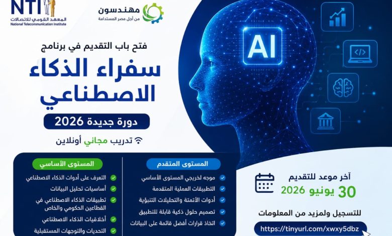 فرصة جديدة.. المعهد القومي للاتصالات يفتح باب التقديم في برنامج سفراء الذكاء الاصطناعي 2026 للتأهيل المجاني حتى 30 يونيو