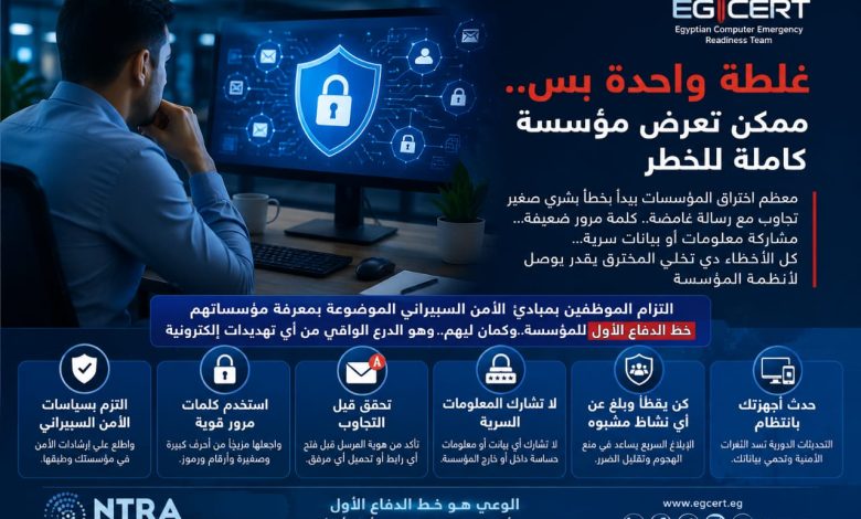 الأمن السيبراني يبدأ من الموظف.. EG-CERT يحذر من أخطاء بشرية تفتح الباب للاختراقات الإلكترونية