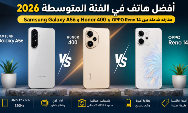 أفضل هاتف في الفئة المتوسطة 2026.. مقارنة شاملة بين Samsung Galaxy A56 وHonor 400 وOPPO Reno 14
