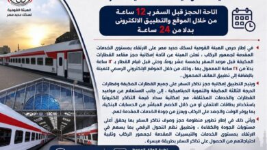 لأول مرة.. السكة الحديد تتيح الحجز قبل السفر بـ 12 ساعة عبر الموقع والتطبيق الإلكتروني للهيئة