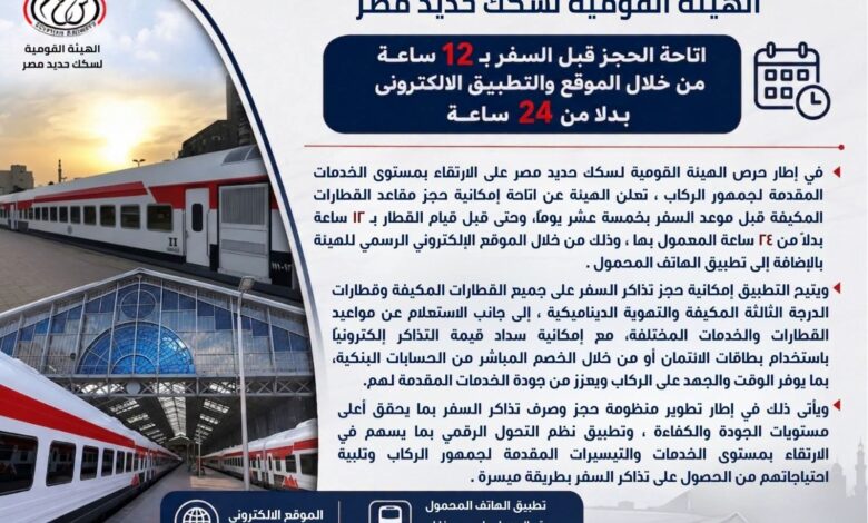 لأول مرة.. السكة الحديد تتيح الحجز قبل السفر بـ 12 ساعة عبر الموقع والتطبيق الإلكتروني للهيئة